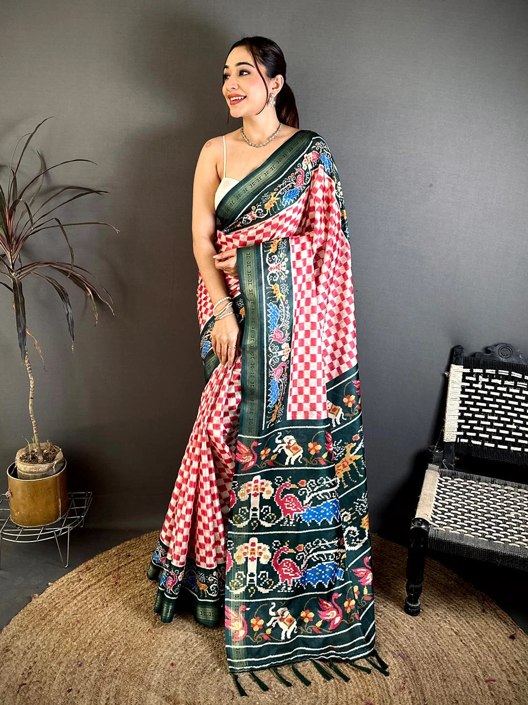 Opulent Soft Silk Ikkat Block Print Saree