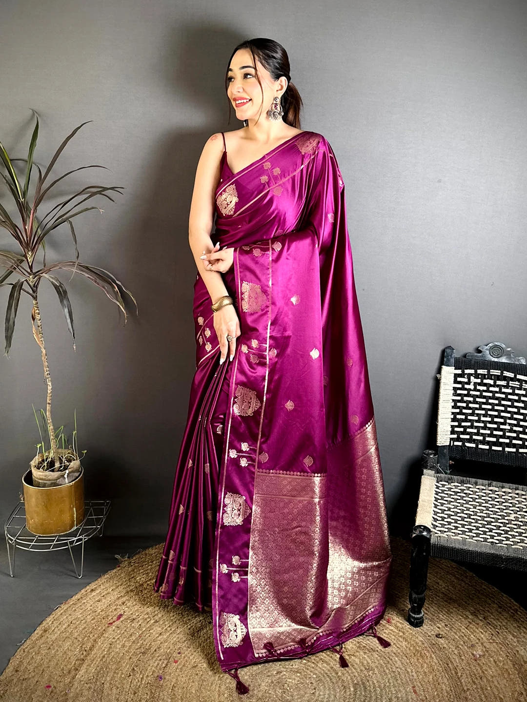 Wine Mashru Satin Silk peacock zari butta saree, full length front view showing the woven pallu and strap blouse