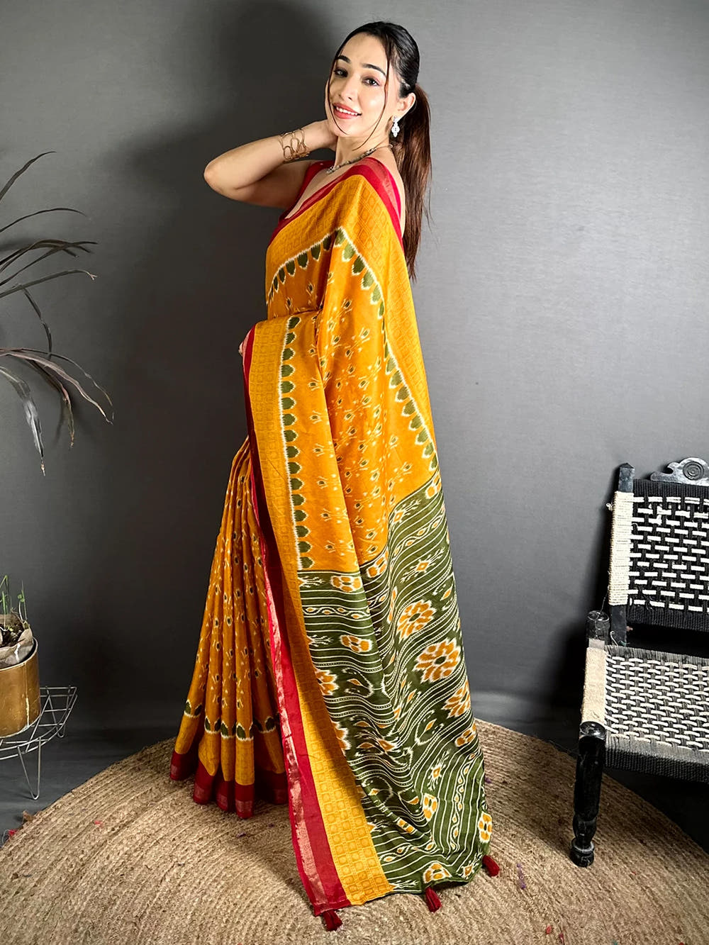 Exclusive Mustard Mul Cotton Ikkat Print Saree