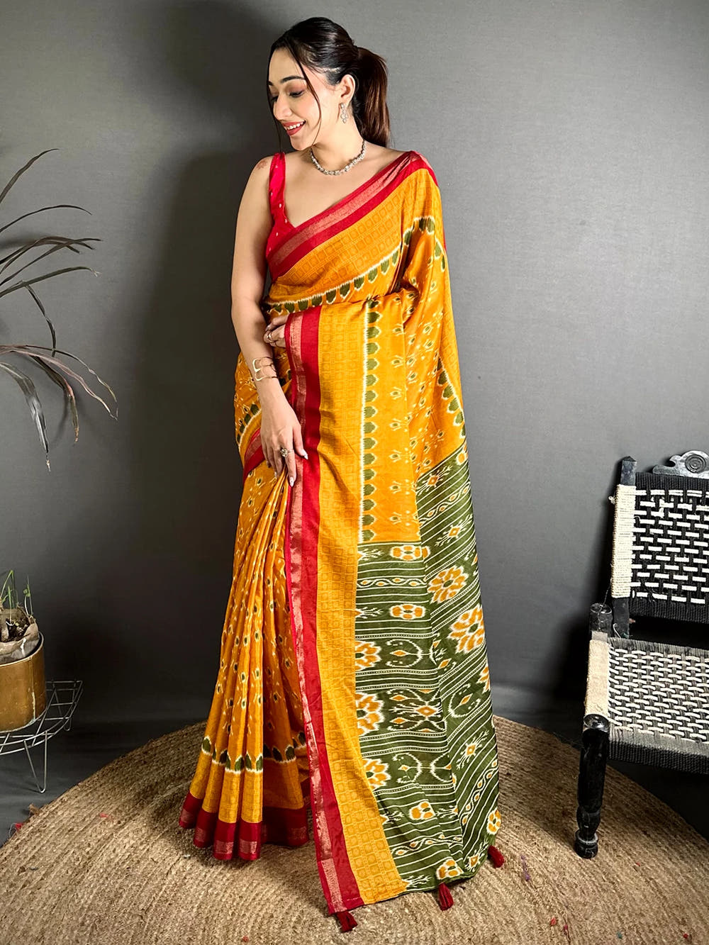 Exclusive Mustard Mul Cotton Ikkat Print Saree