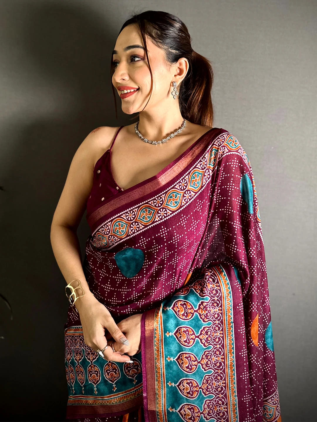 Wine Mul Cotton Bandhani Ajrak Print Saree