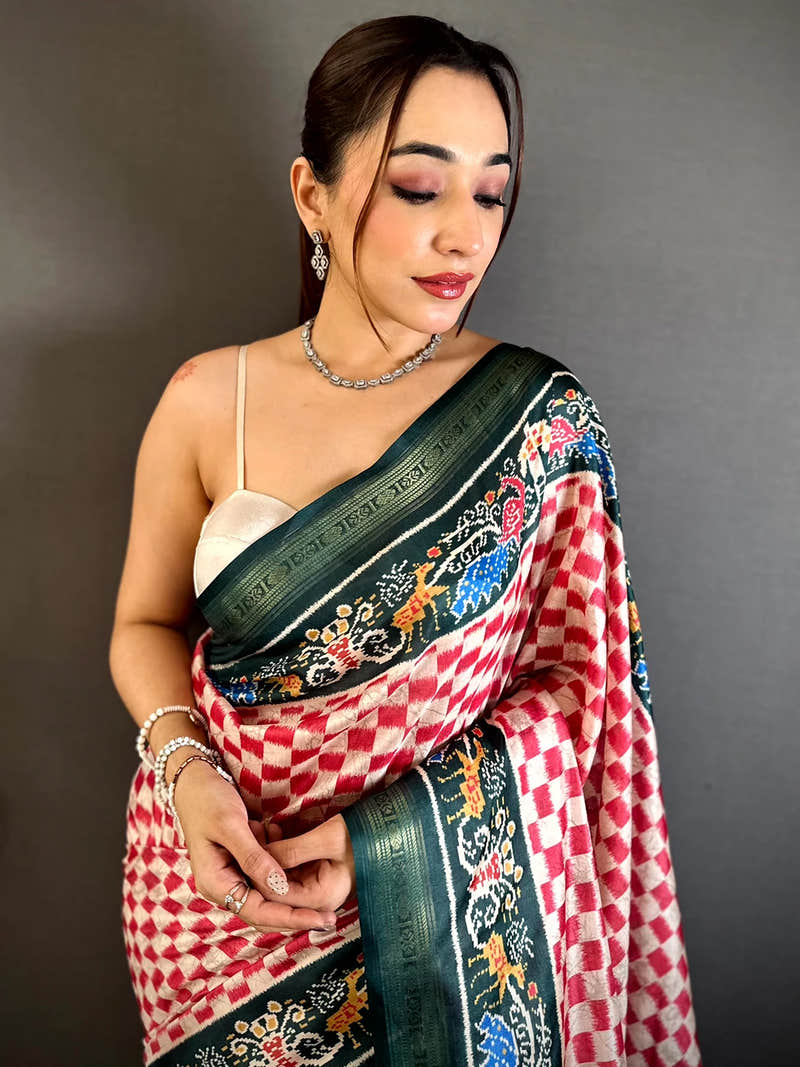 Opulent Soft Silk Ikkat Block Print Saree
