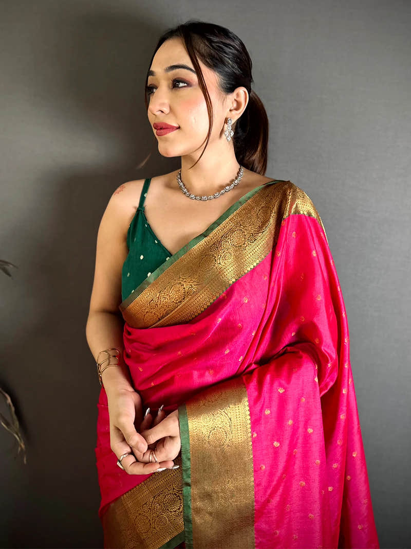 Royal Pink Raw Silk Zari Buti Saree