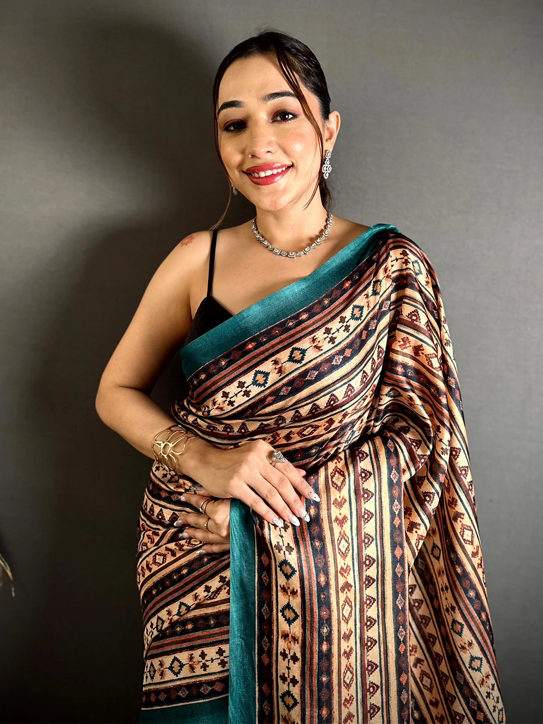 Classic Tussar Ajrakh Kalamkari Print Saree