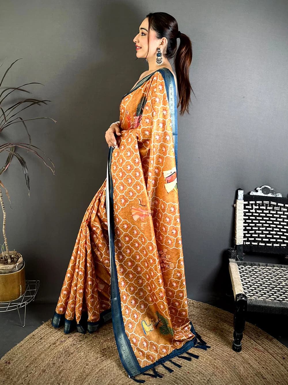 Elegant Ochre Soft Silk Pichwai Print Saree