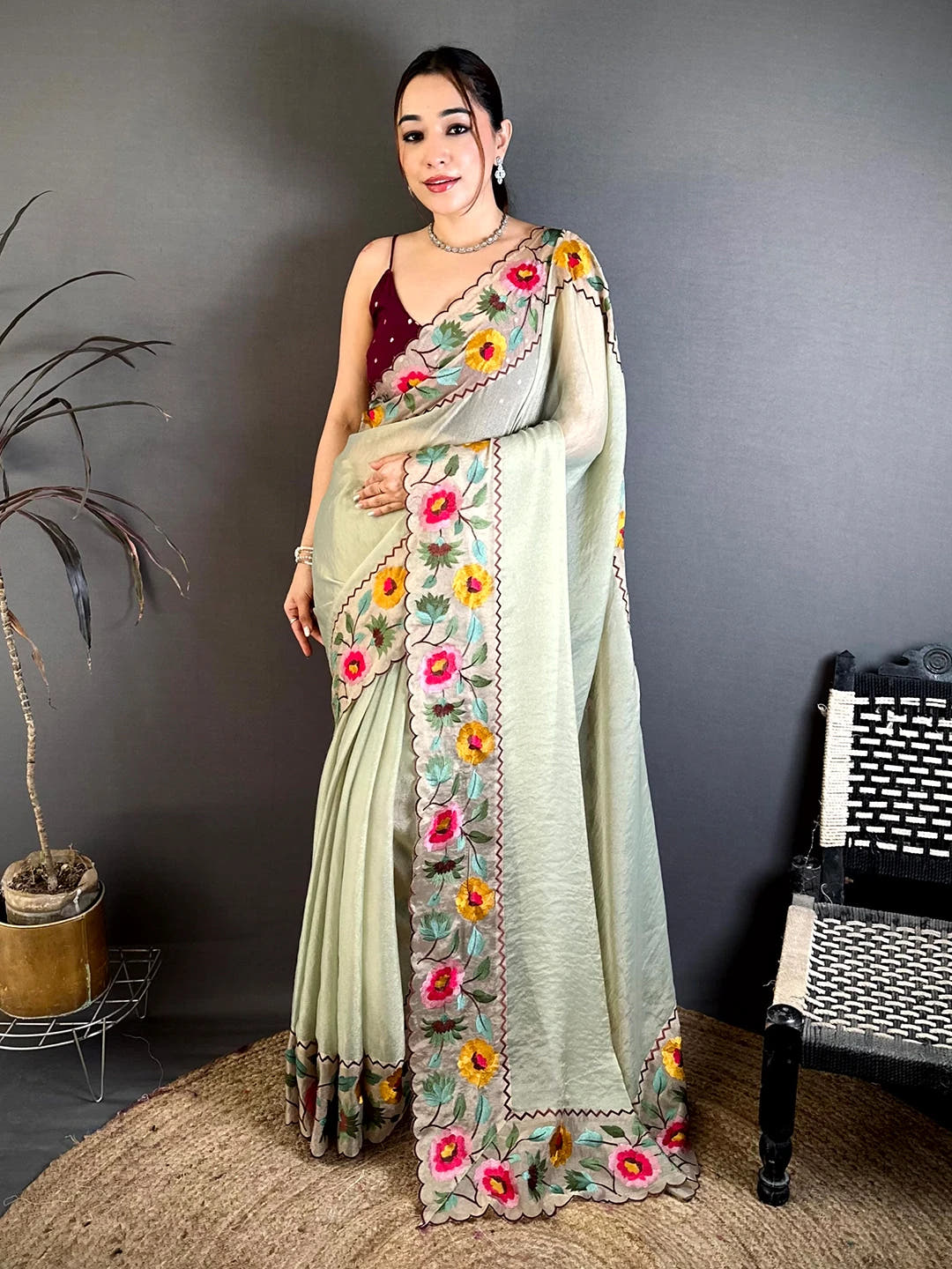 Pista Soft Crush Silk Resham Floral Border Saree