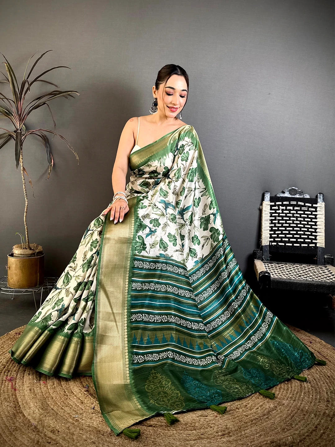 Elegant Olive Soft Dola Floral Print Saree