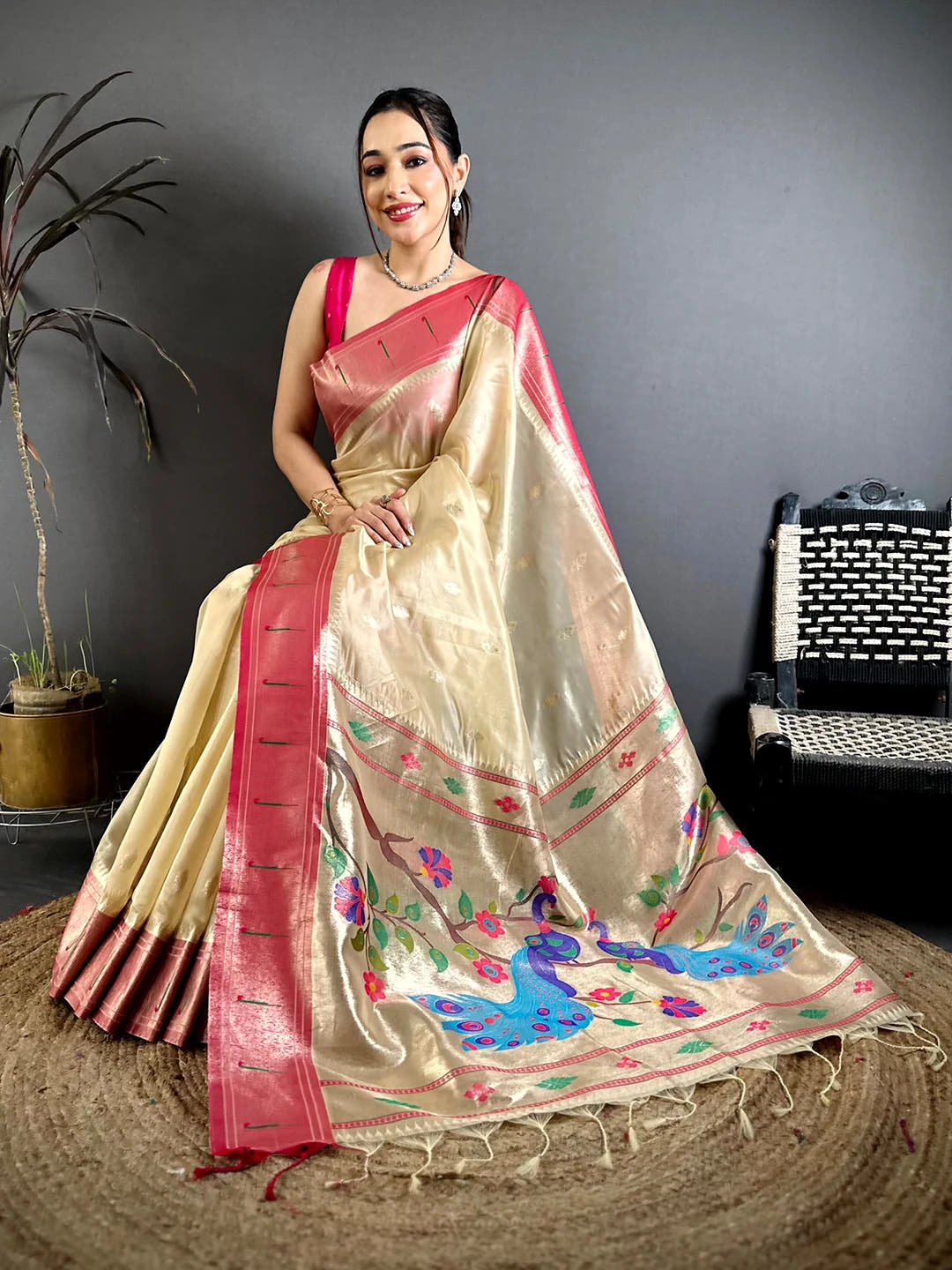 Cream organza tissue Paithani-style saree, seated pose showing the peacock and floral pallu with tassels