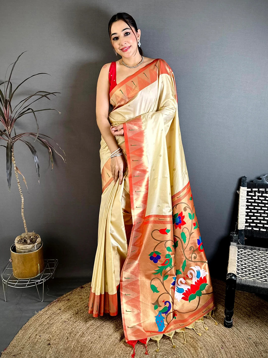 Cream Soft Silk Yeola Weaving Pallu Saree