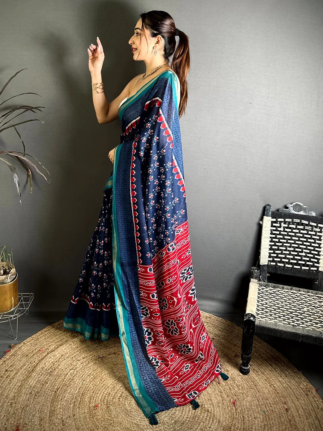 Exclusive Navy Mul Cotton Ikkat Print Saree