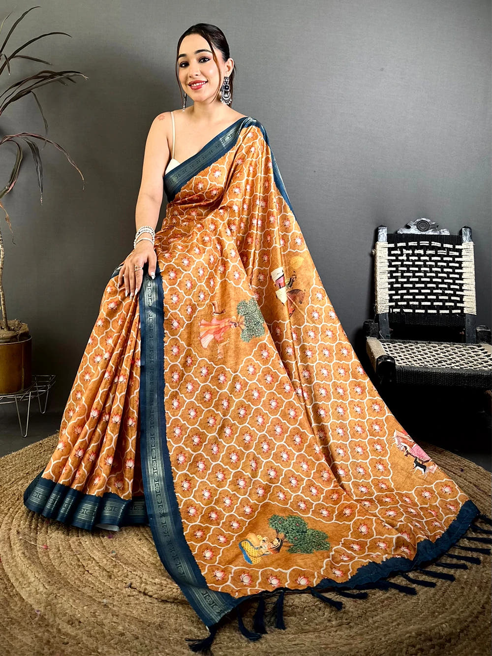Elegant Ochre Soft Silk Pichwai Print Saree
