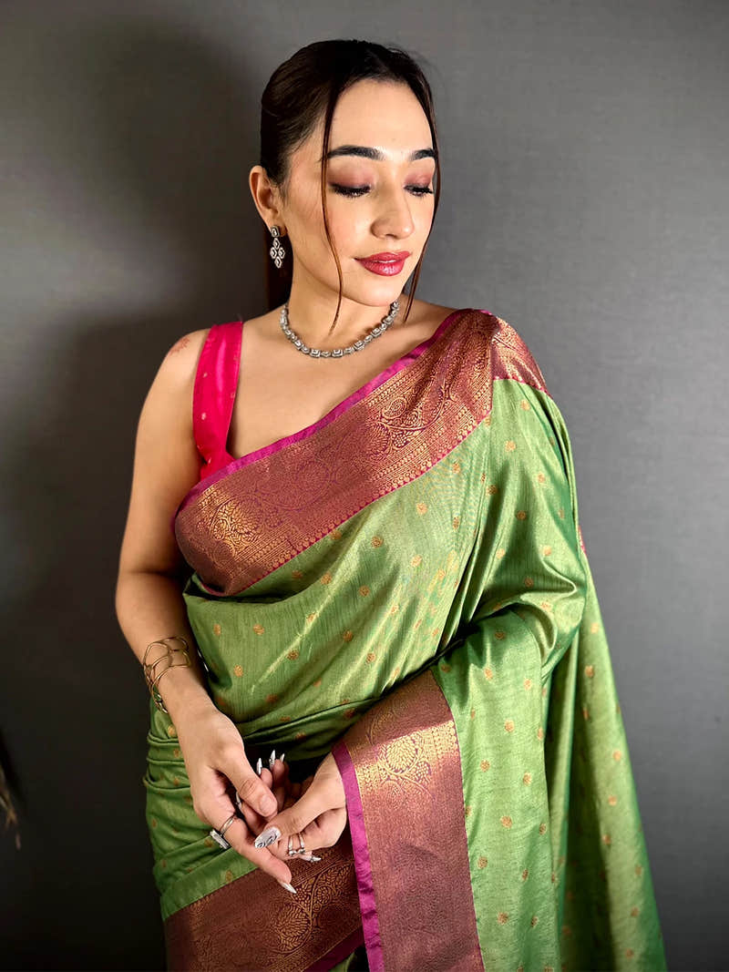 Royal Pista Raw Silk Zari Buti Saree