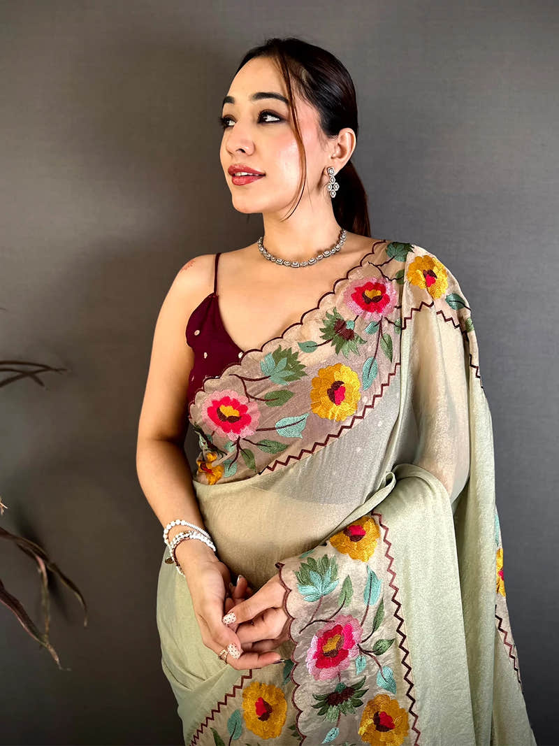 Pista Soft Crush Silk Resham Floral Border Saree