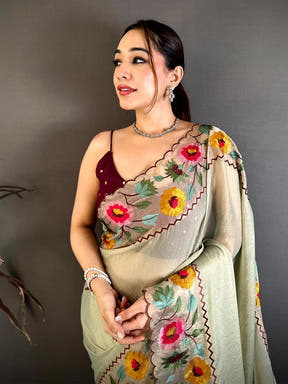 Pista Soft Crush Silk Resham Floral Border Saree