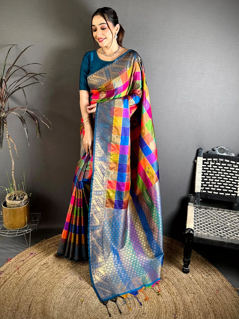 Multicolour silk minakari-style zari butti saree, full length front view with zari border and tassels on jute mat
