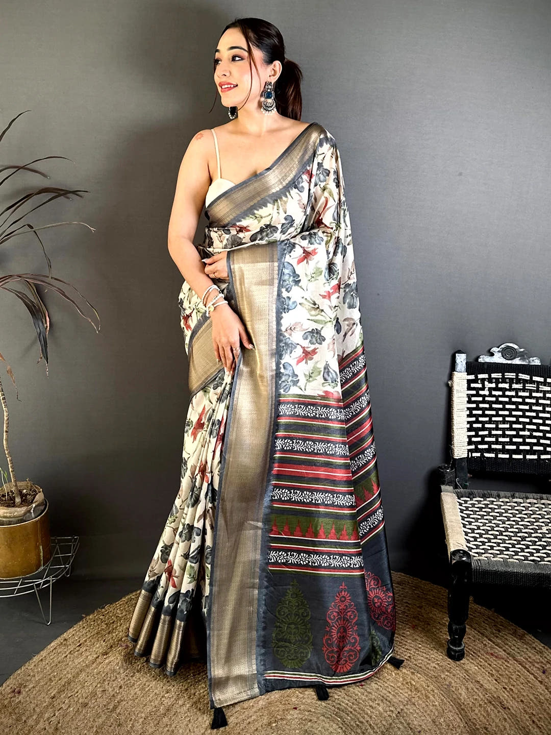 Classic Grey Soft Dola Floral Print Saree