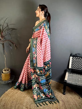 Opulent Soft Silk Ikkat Block Print Saree
