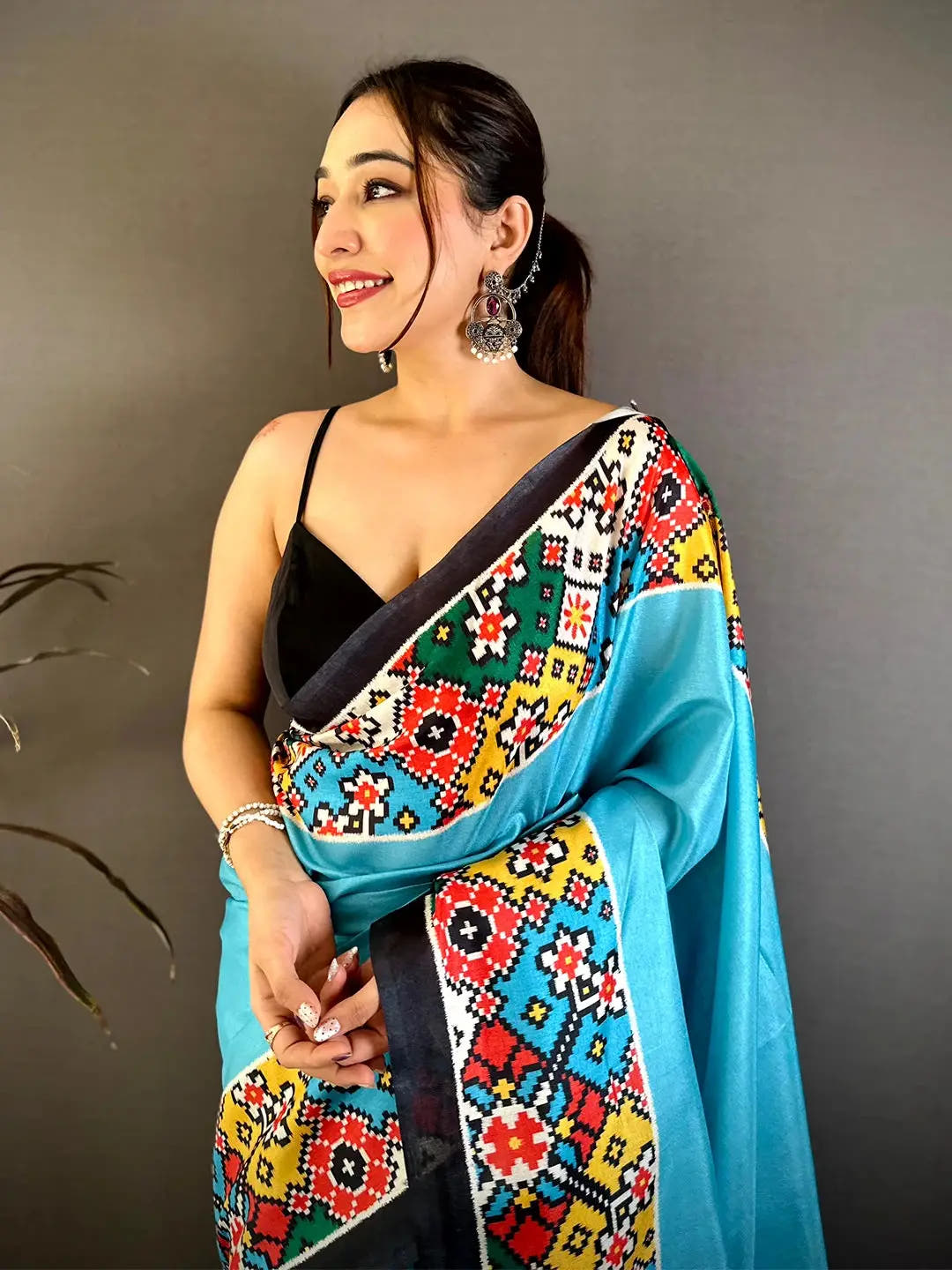 Royal Sky Blue Patola Print Tussar Saree