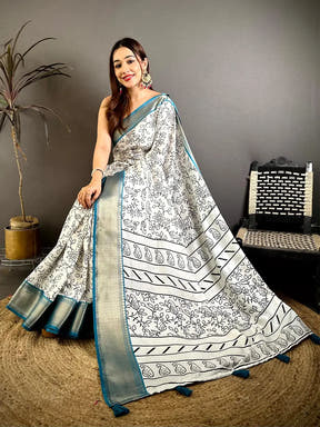 Regal Soft Dola Silk Black Ink Kalamkari Saree