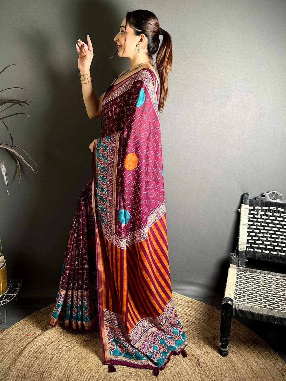 Wine Mul Cotton Bandhani Ajrak Print Saree