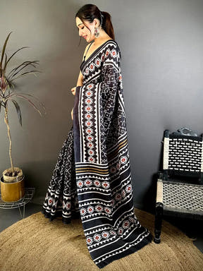 Royal Black Patola Print Tussar Saree