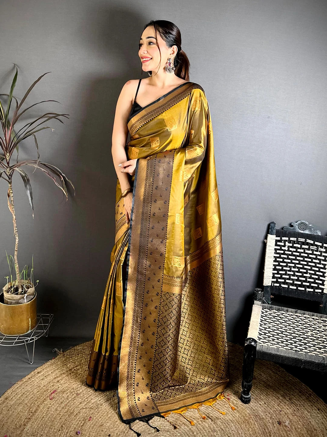 Mustard Katan Silk Peacock Cage Butti Saree, full length front view with zari yevla border and rich pallu on a model