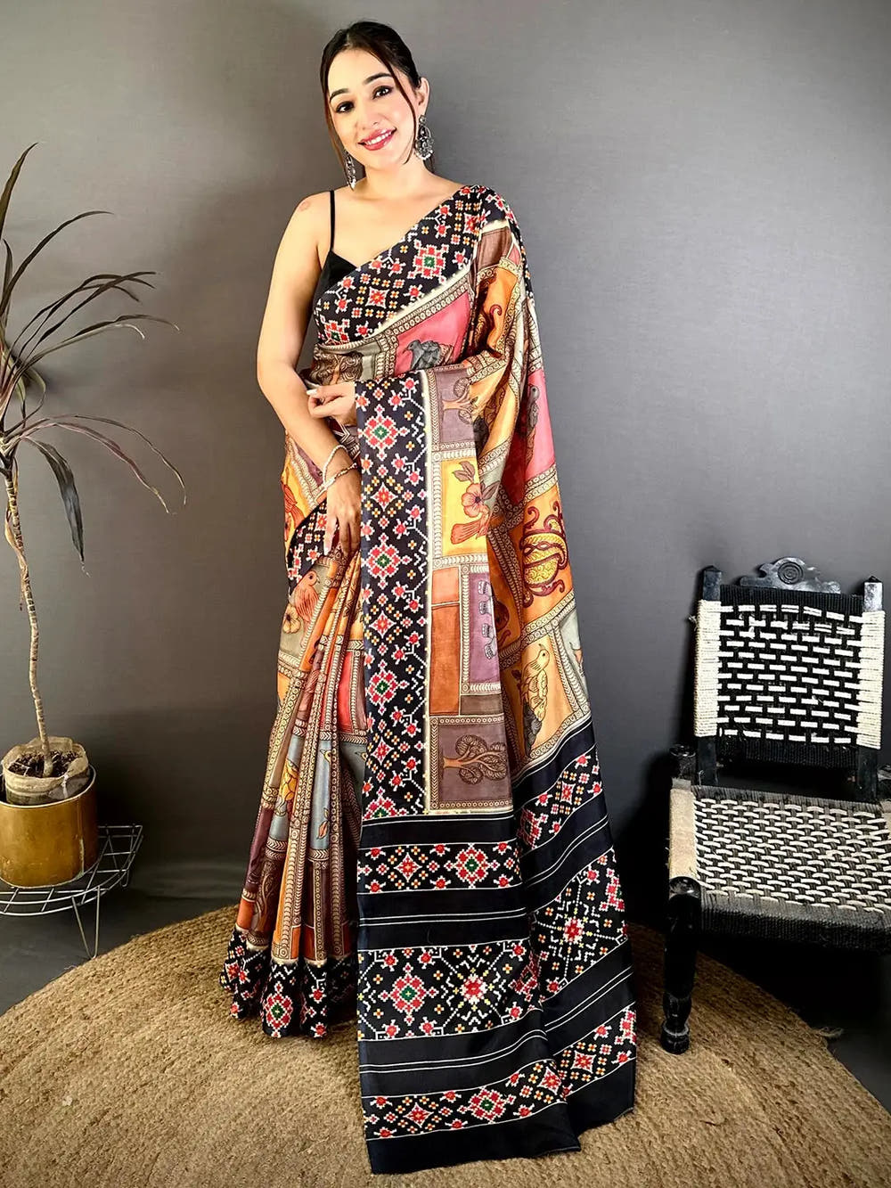 Stylish Tussar Kalamkari Patola Print Saree