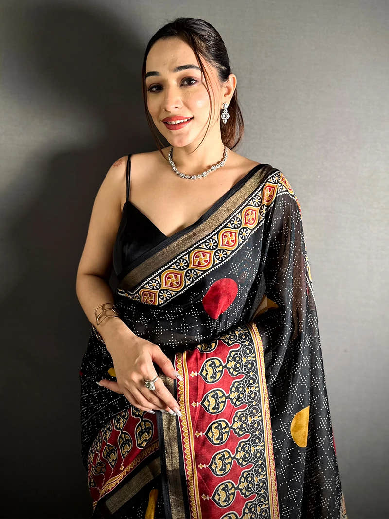 Black Mul Cotton Bandhani Ajrak Print Saree