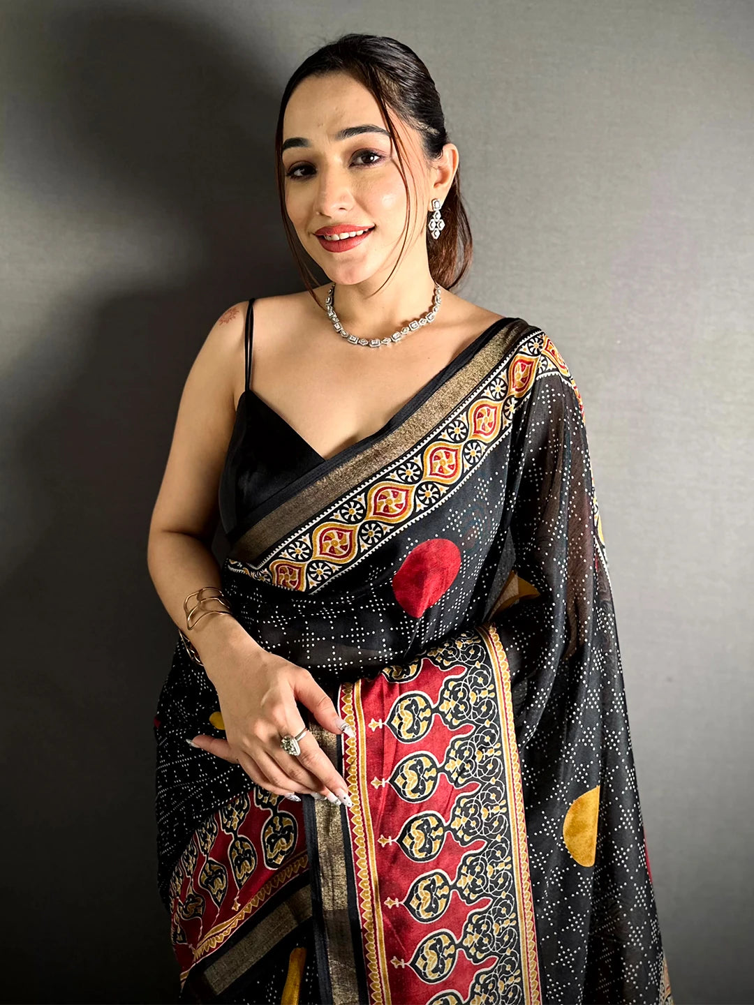 Black Mul Cotton Bandhani Ajrak Print Saree