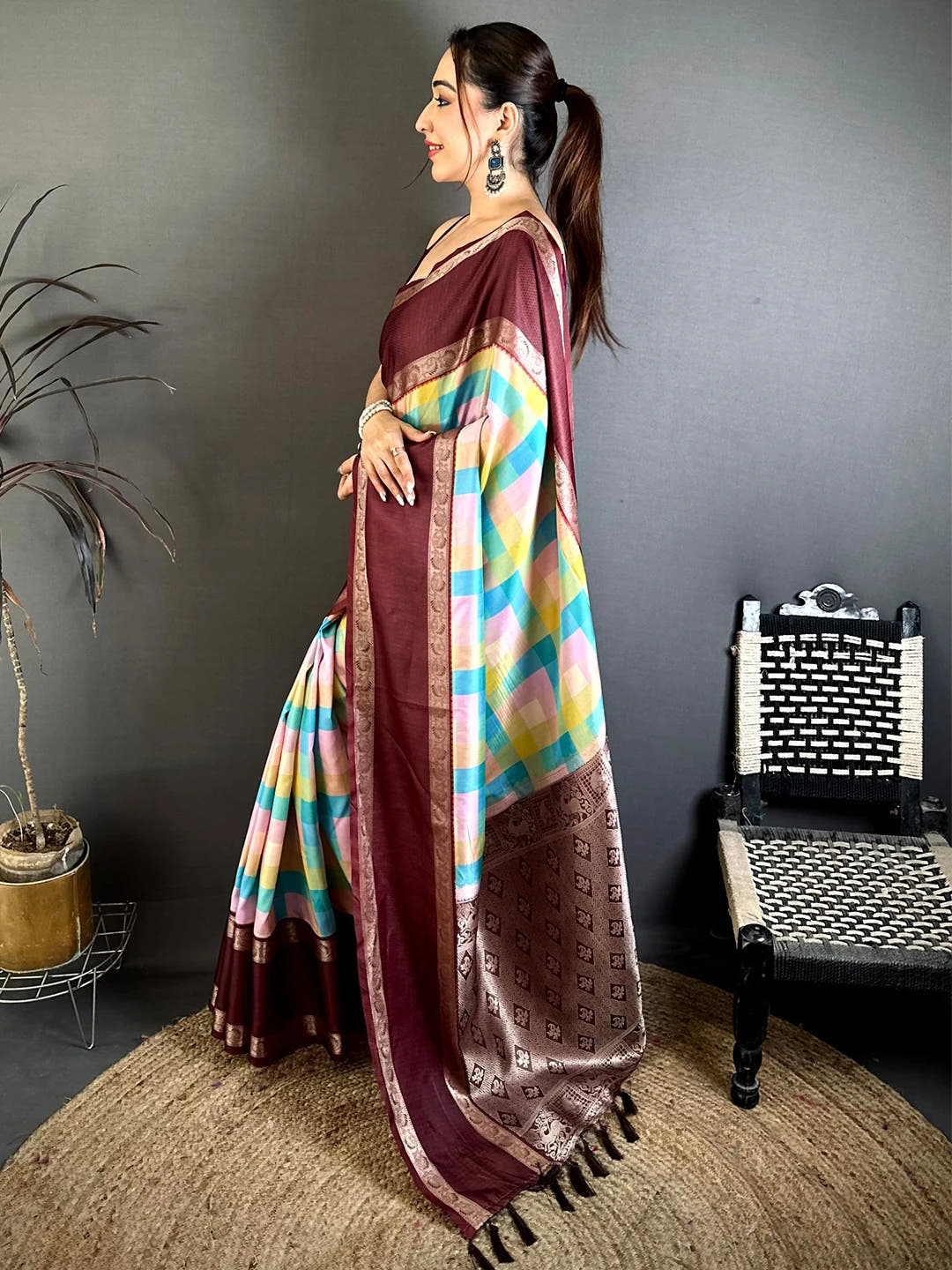 Royal Multicolor Soft Silk Checks Zari Border Saree
