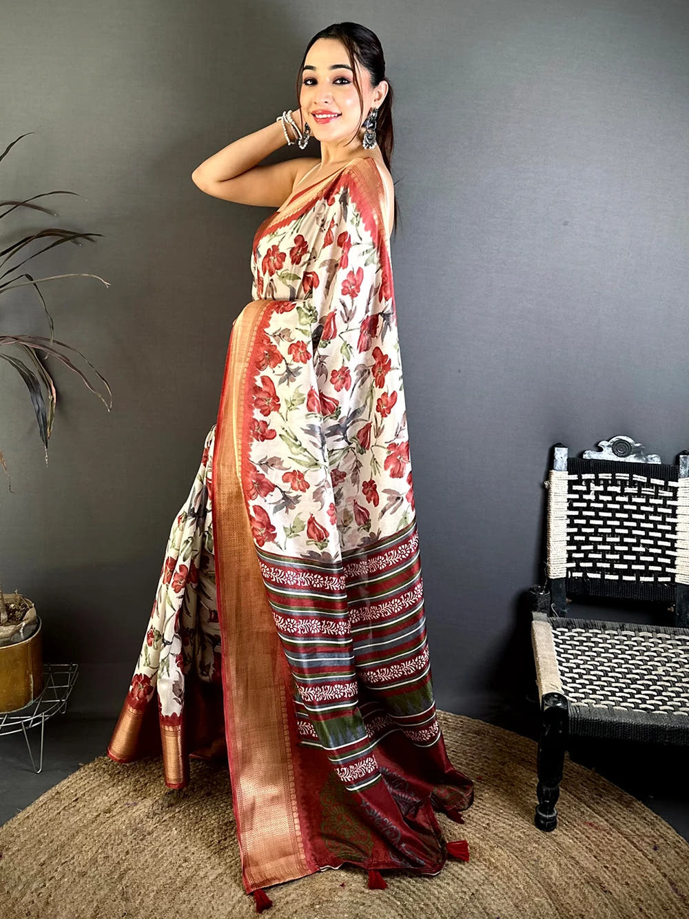 Radiant Rust Red Soft Dola Floral Print Saree