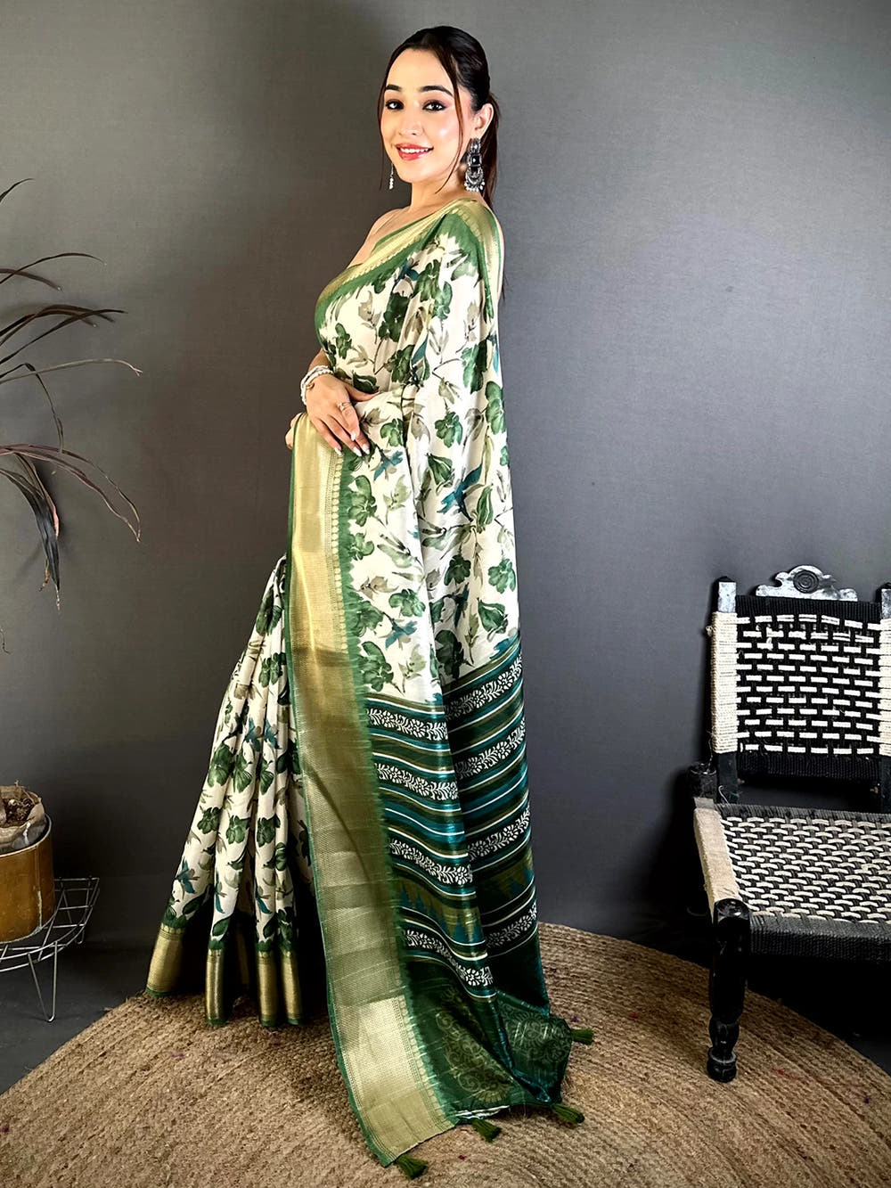Elegant Olive Soft Dola Floral Print Saree