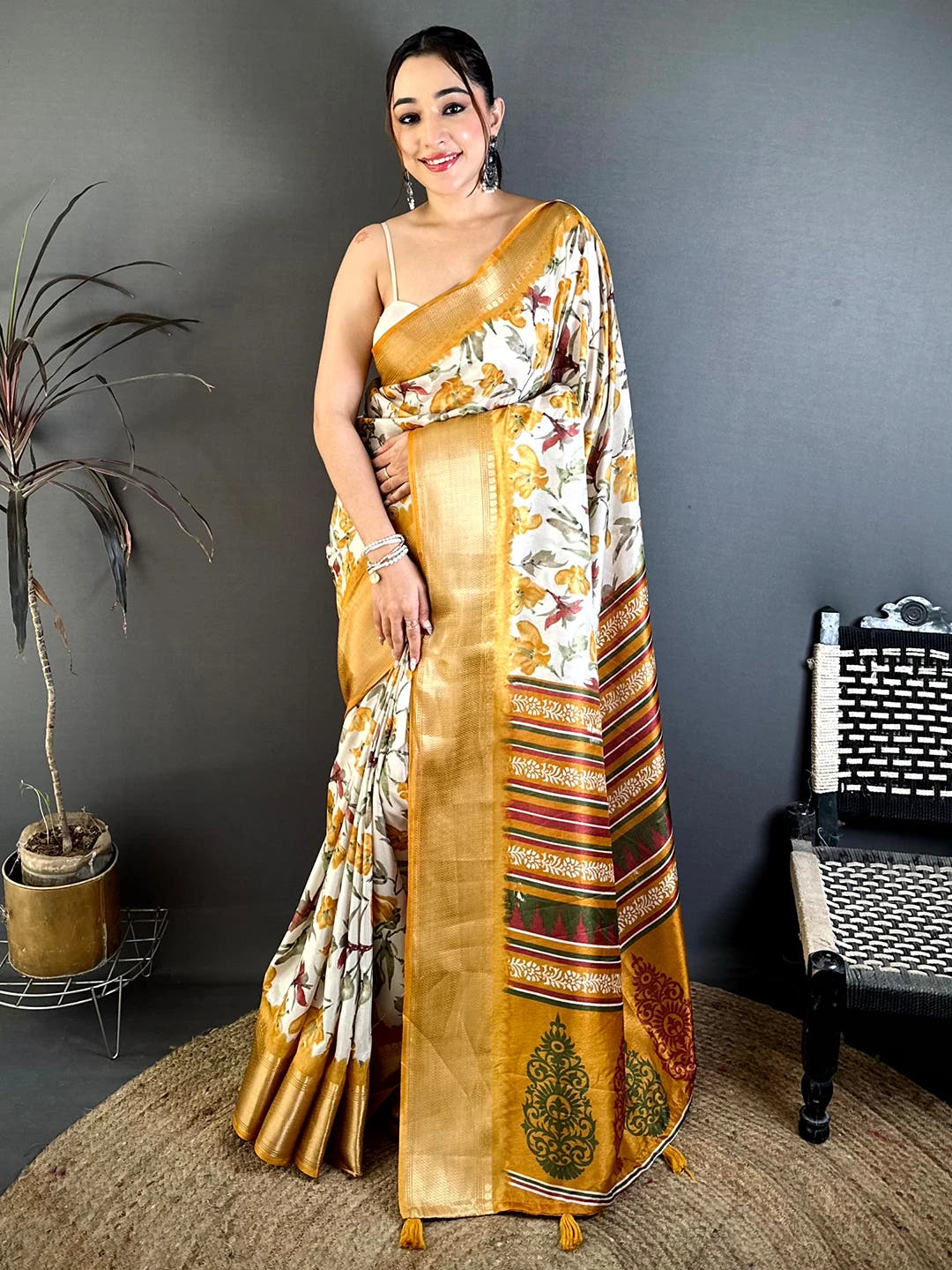 Radiant Mustard Soft Dola Floral Print Saree
