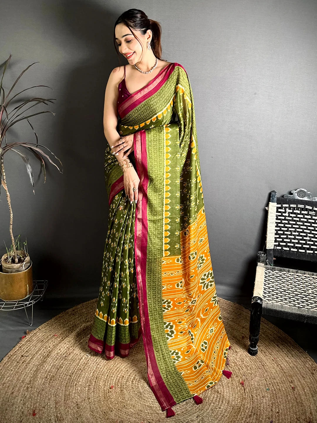 Exclusive Olive Mul Cotton Ikkat Print Saree