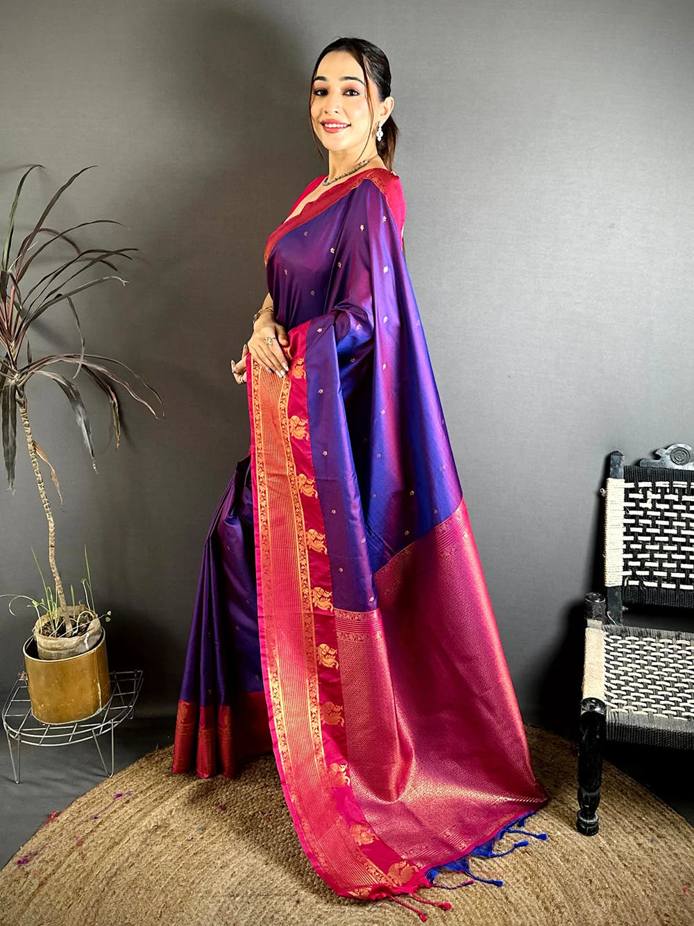 Royal Purple Soft Silk Kanchi Pattu Border Saree, side view showing scattered gold buti motifs on the body