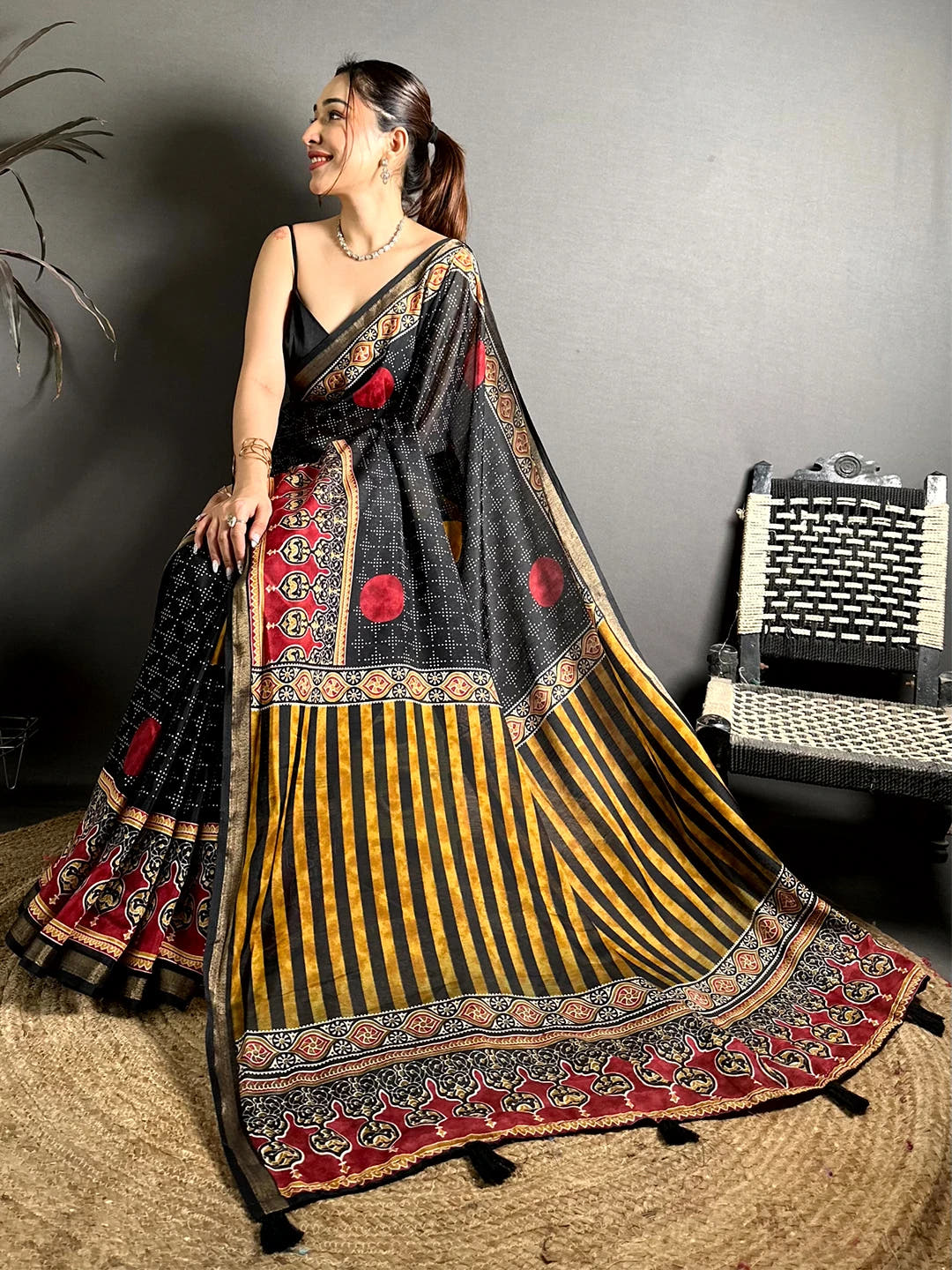 Black Mul Cotton Bandhani Ajrak Print Saree