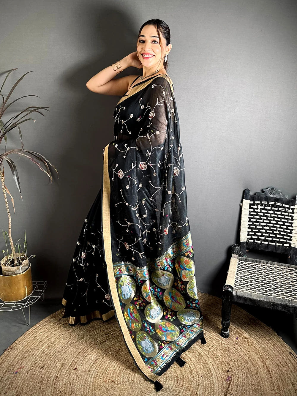 Black Linen Chanderi Pearl Bead Work Saree