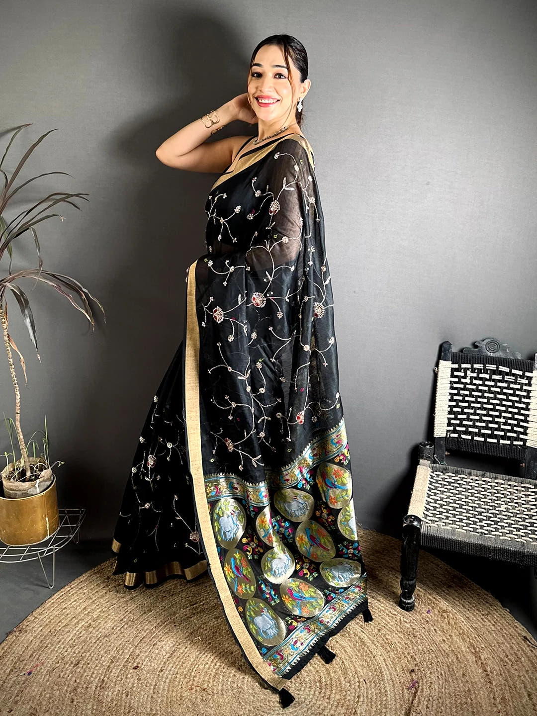 Black Linen Chanderi Pearl Bead Work Saree