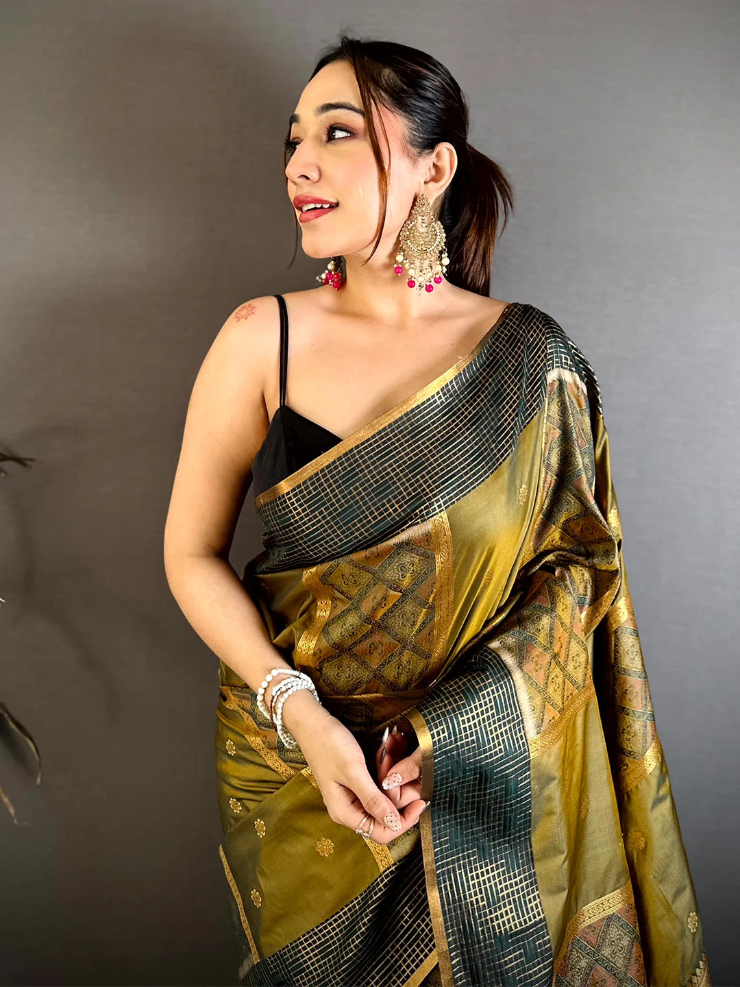 Olive Pochampally Weaving Soft Silk Saree