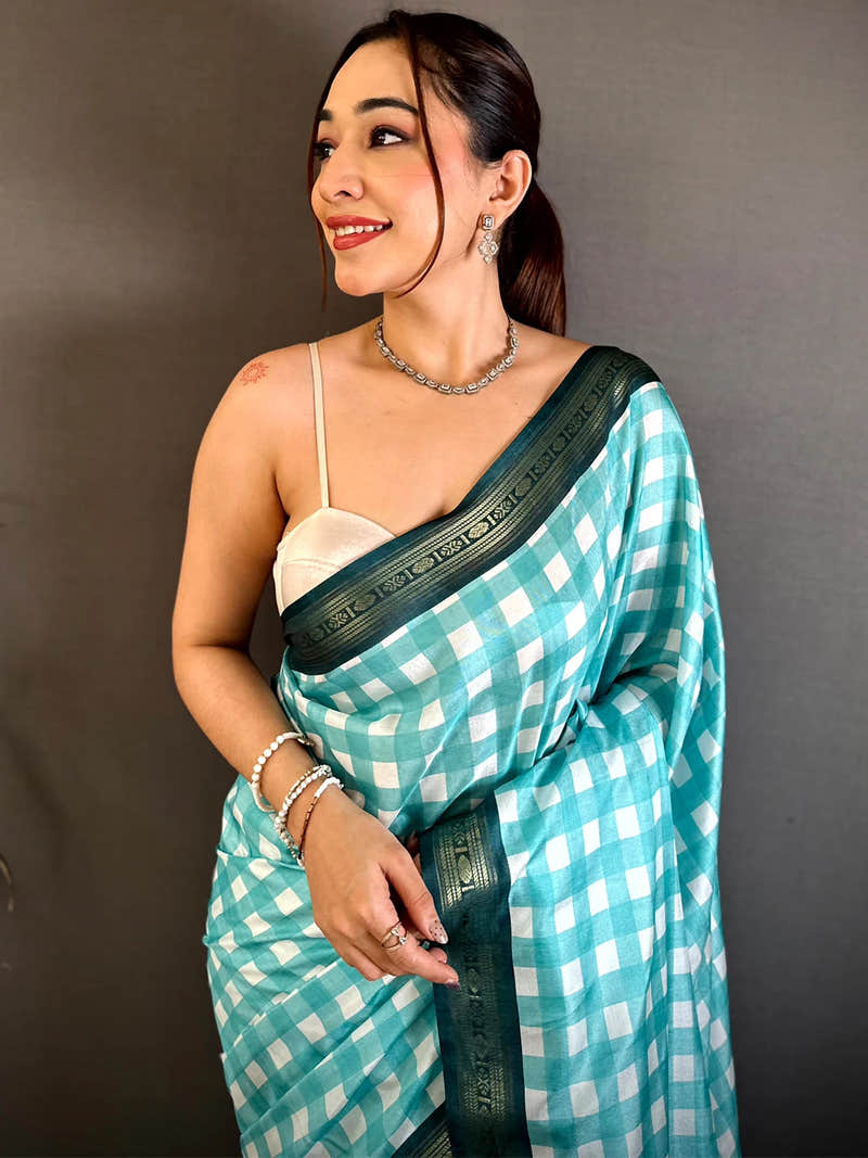 Radiant Soft Silk Small Check Zari Border Saree
