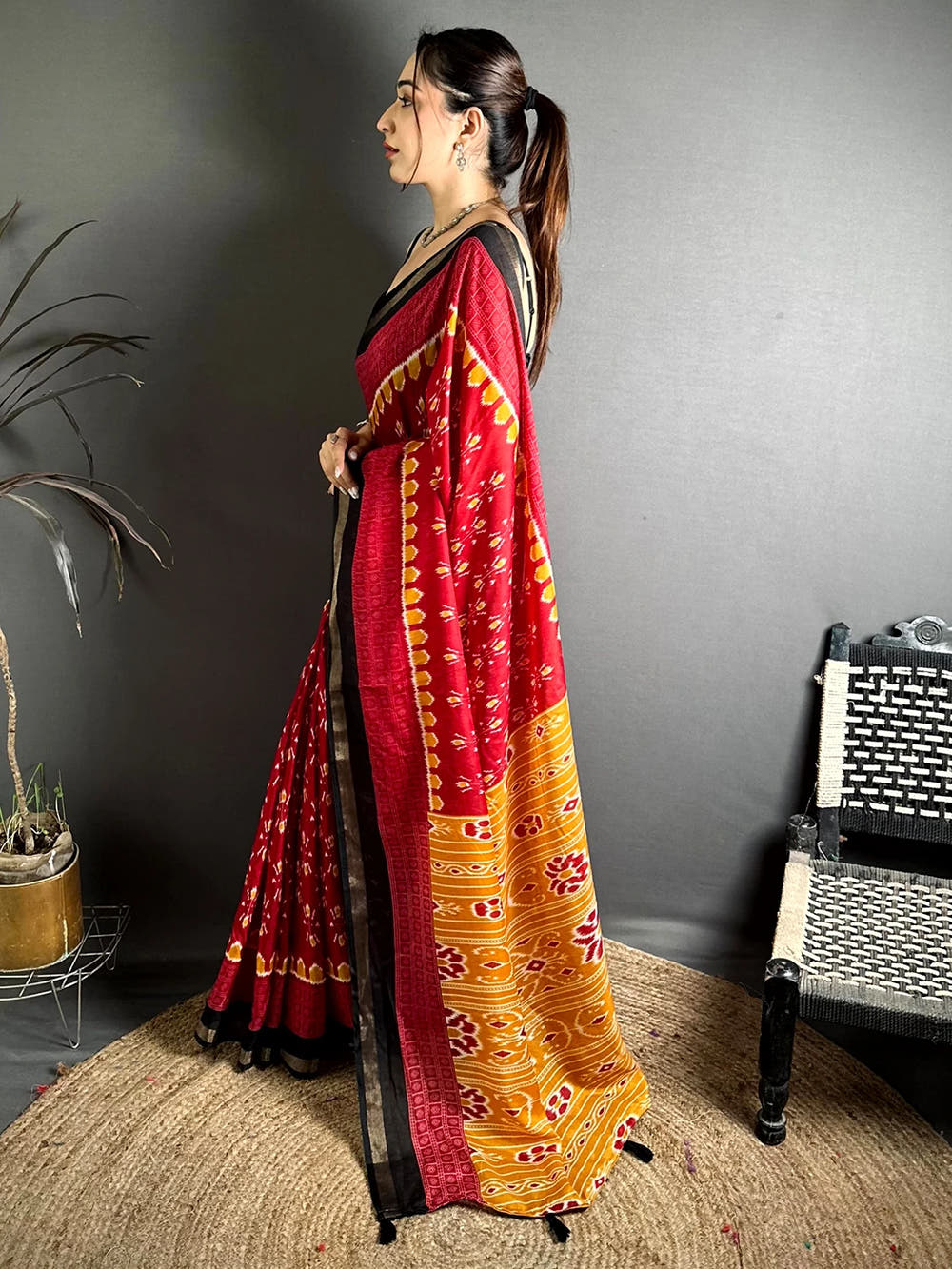 Exclusive Red Mul Cotton Ikkat Print Saree