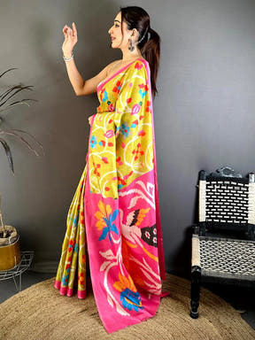 Radiant Lime Green Ikkat Tussar Designer Saree