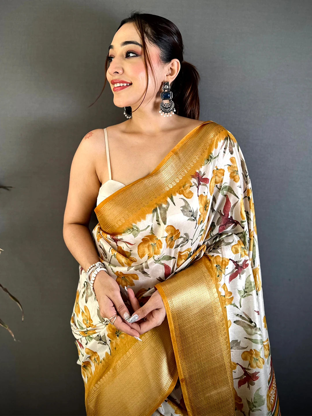 Radiant Mustard Soft Dola Floral Print Saree