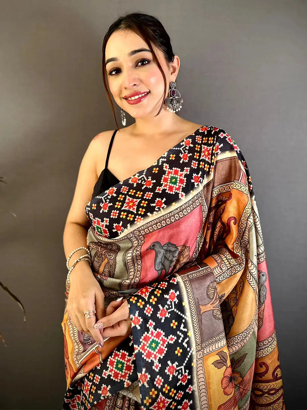 Stylish Tussar Kalamkari Patola Print Saree