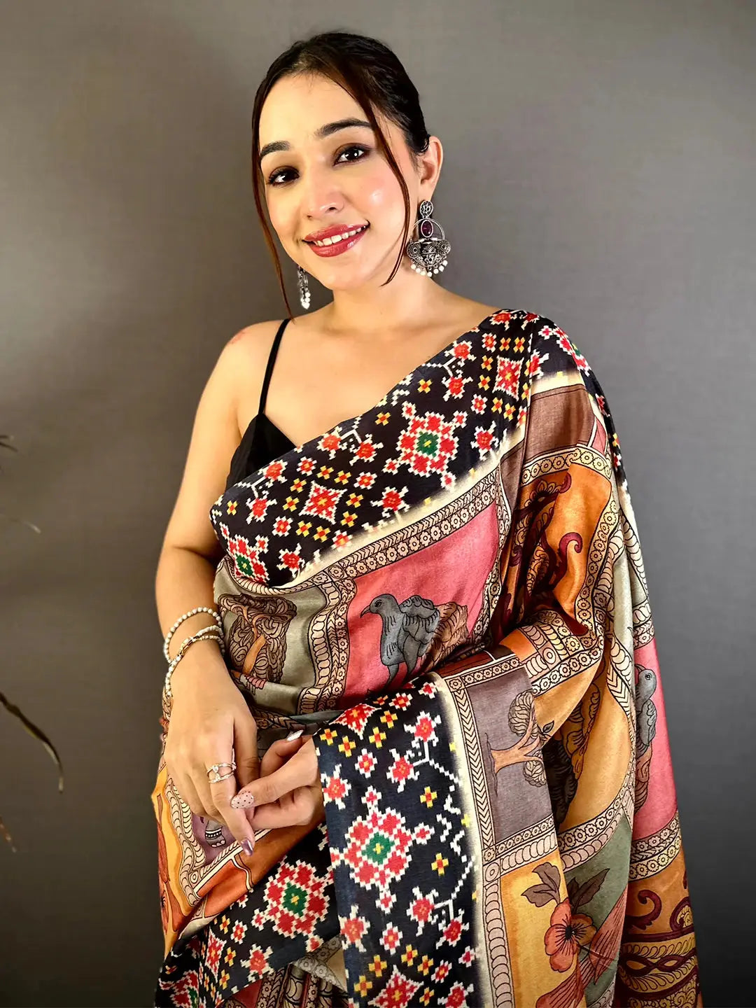 Stylish Tussar Kalamkari Patola Print Saree