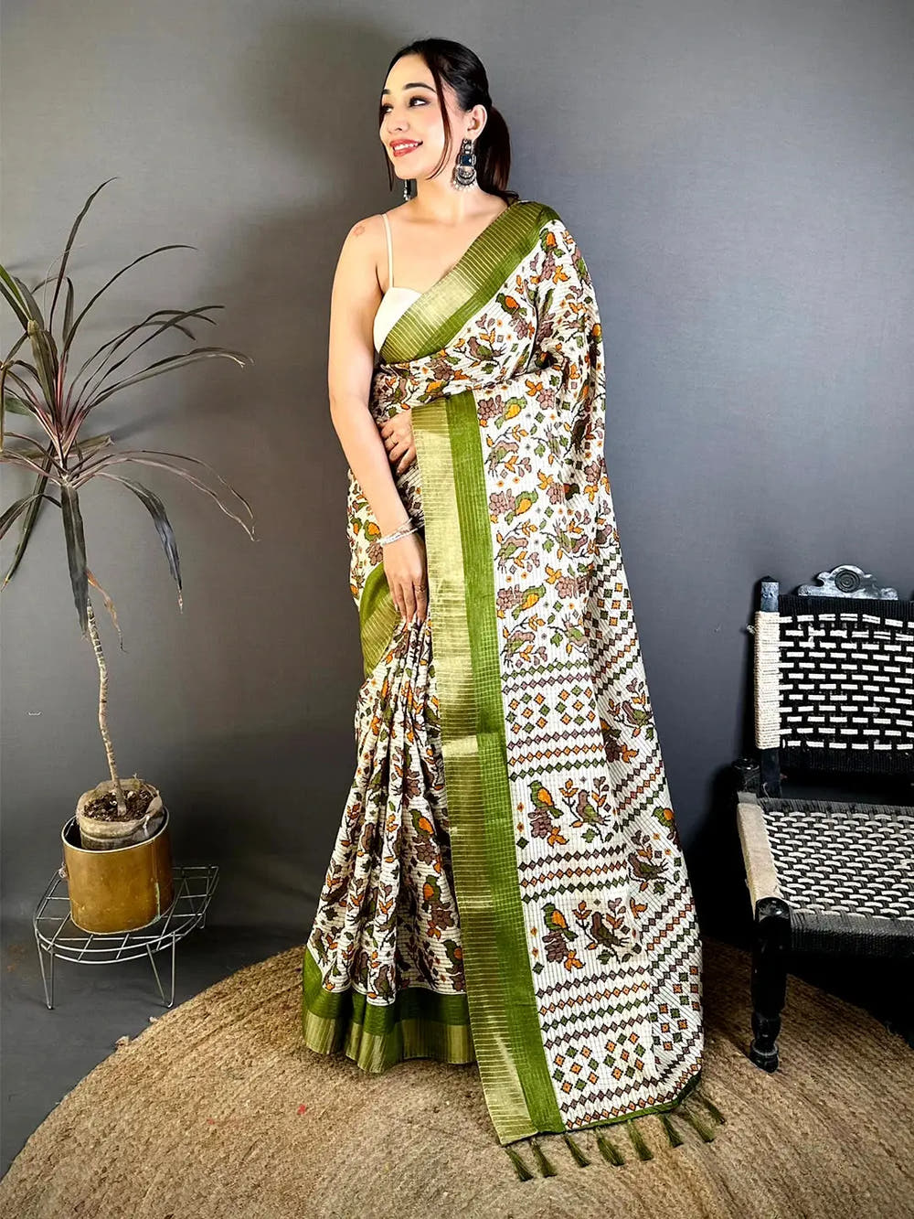 Olive Bird Printed Tussar Check Saree