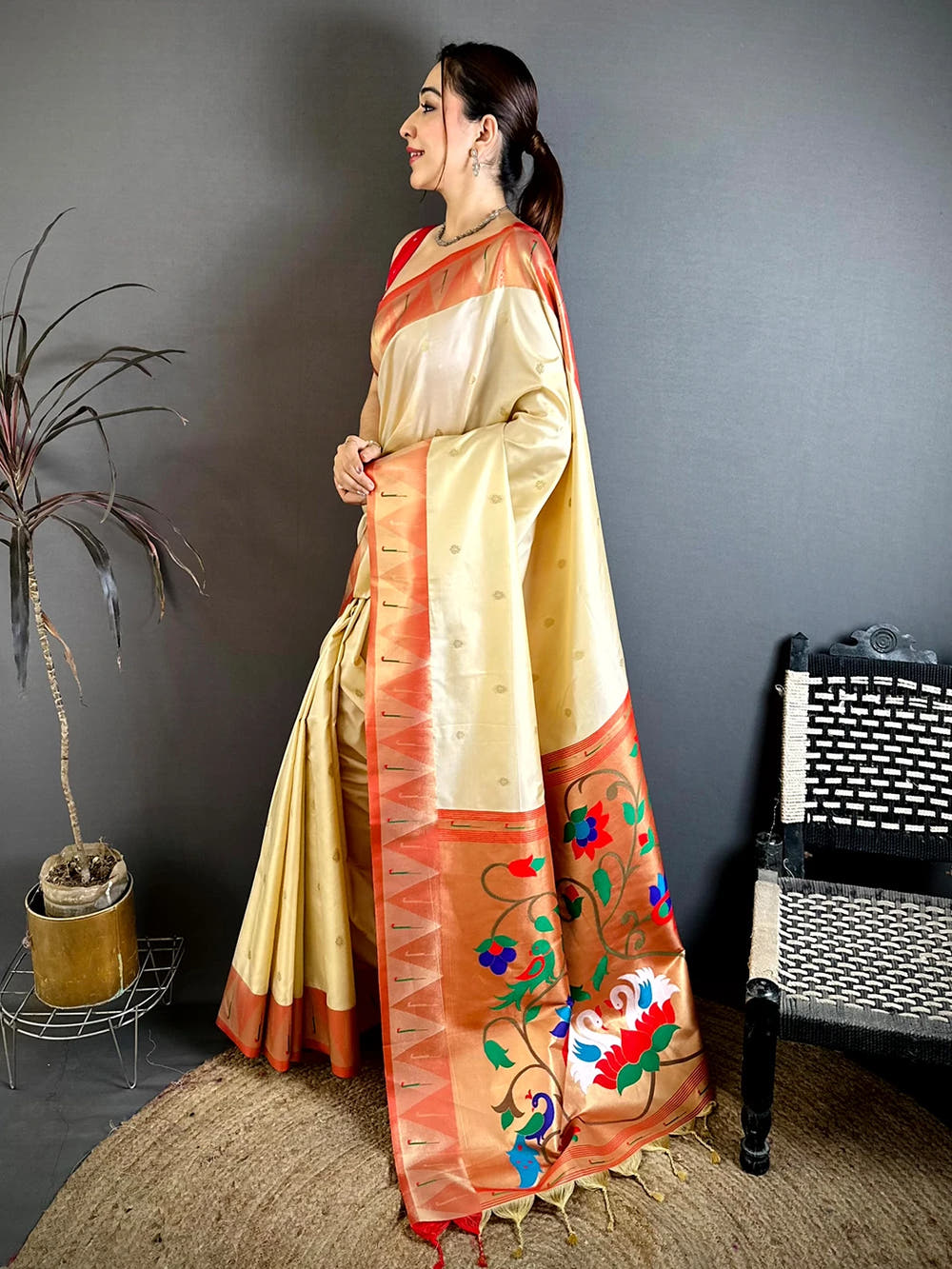 Cream Soft Silk Yeola Weaving Pallu Saree