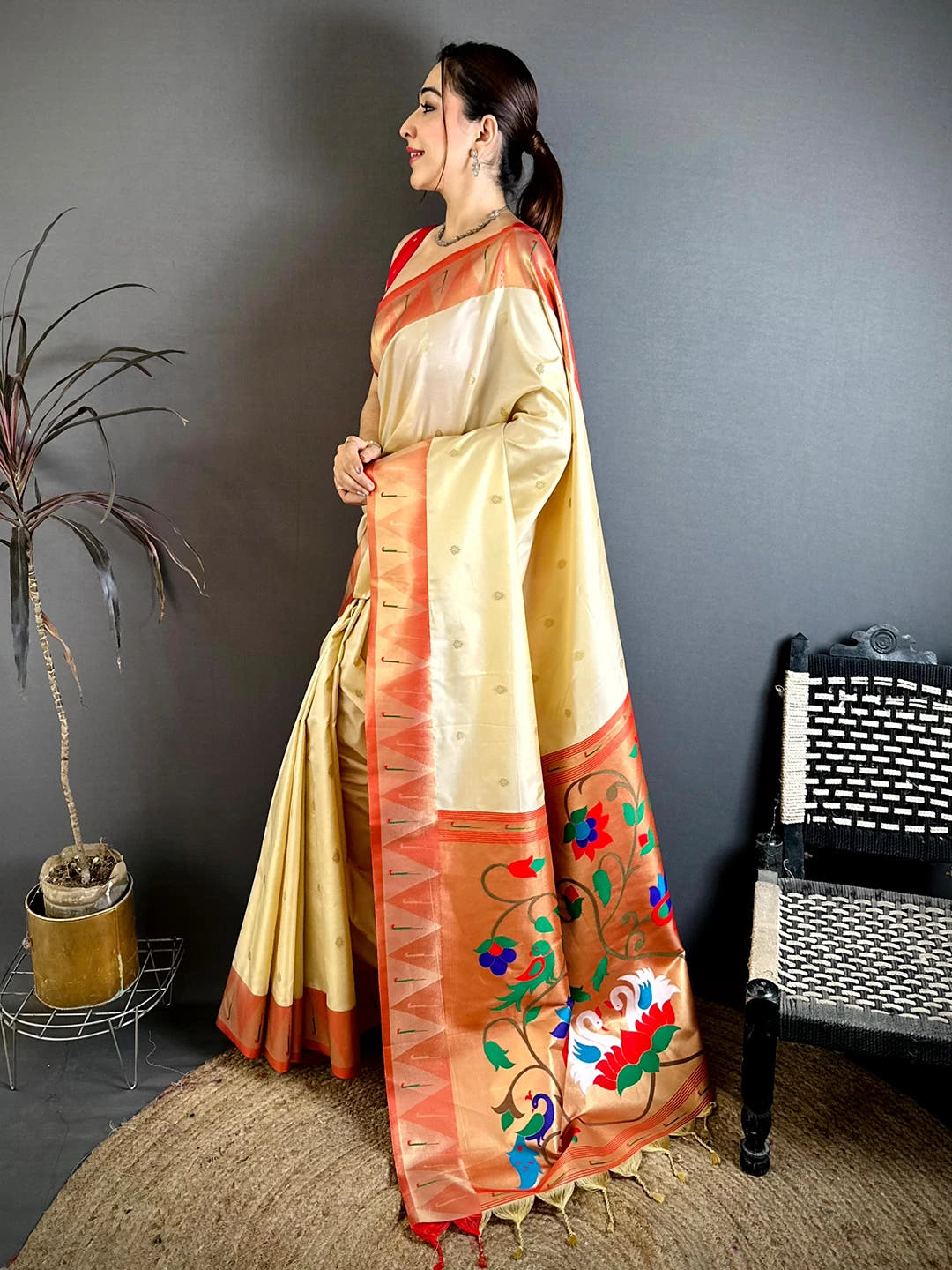 Cream Soft Silk Yeola Weaving Pallu Saree