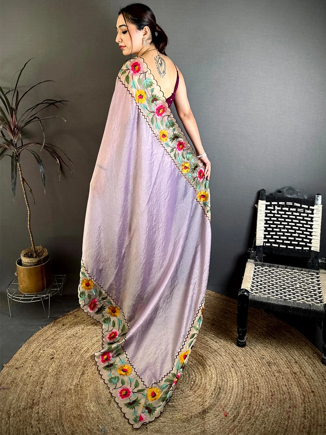 Lavender Soft Crush Silk Resham Floral Border Saree
