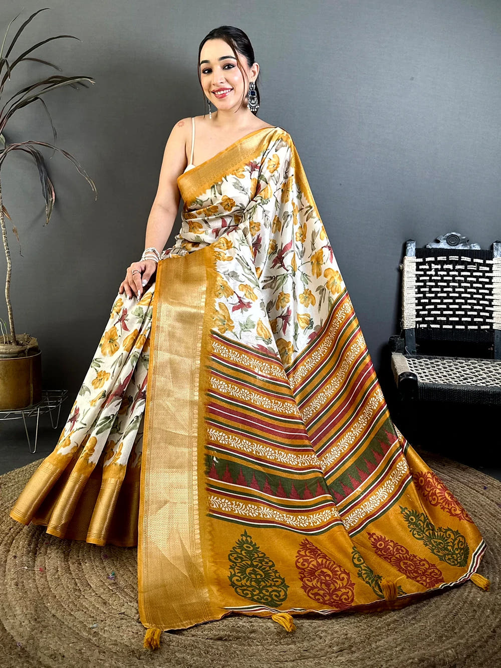 Radiant Mustard Soft Dola Floral Print Saree